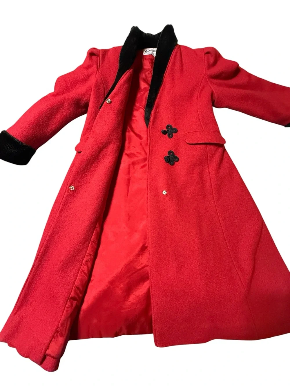 VTG Rothschild Red Wool Princess Coat Sz 8 Black Faux Fur Trim Frog Closure USA